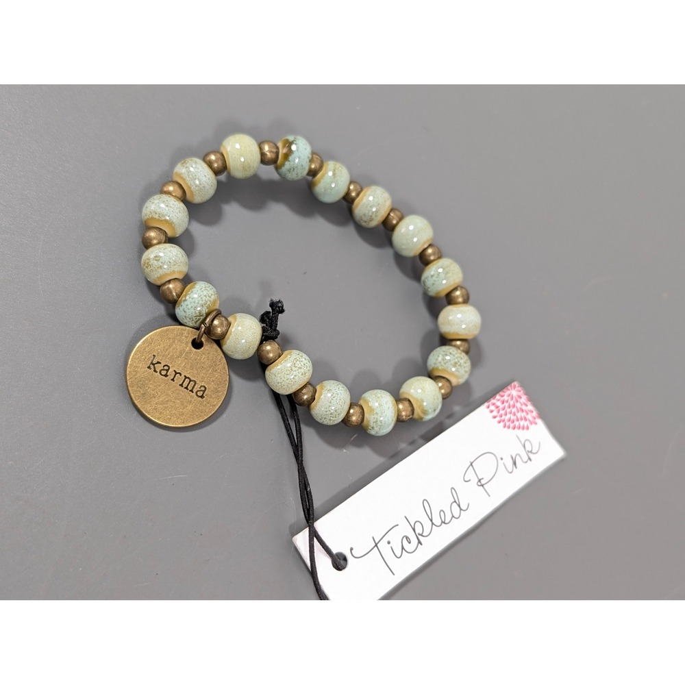 Ceramic Beaded Bracelet 6.5" Brass‎ Tone Charm Boho Stretch Karma